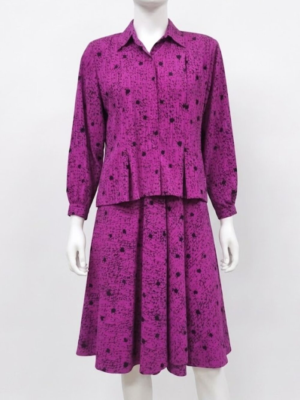 Vintage 80s Magenta & Black Abstract Print Skirt Set - Two Piece